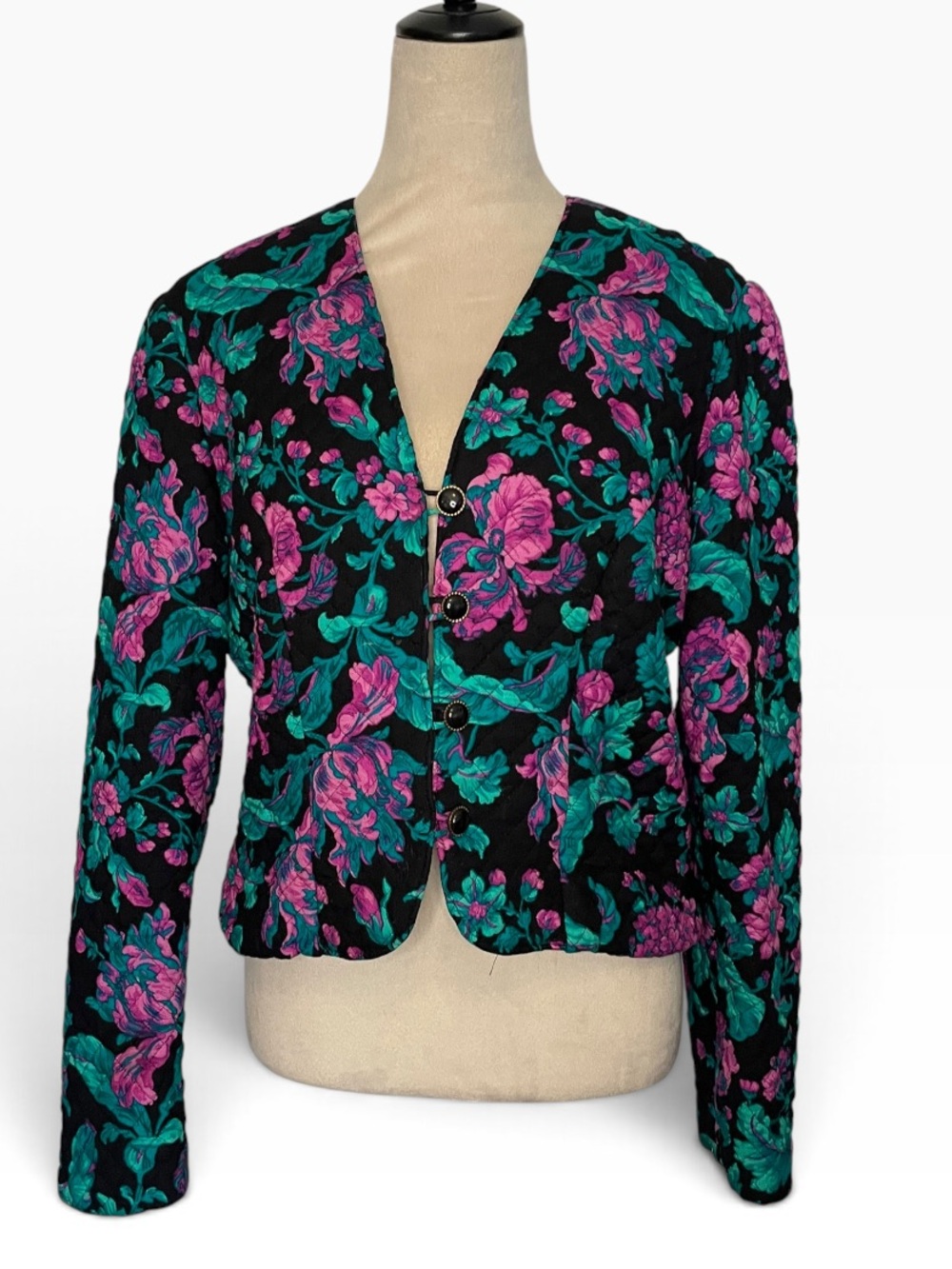 Vintage Lanz Originals Quilted Floral Crop Jacket Black Magenta Turquoise